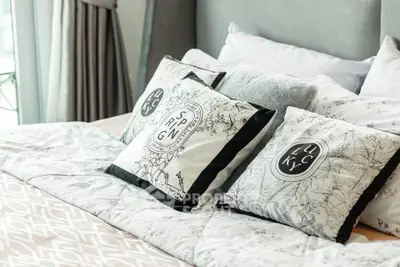 Cozy bedroom with stylish pillows and elegant bedding