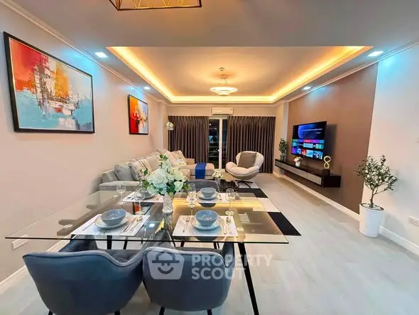 Luxurious modern living room with elegant dining area and ambient lighting