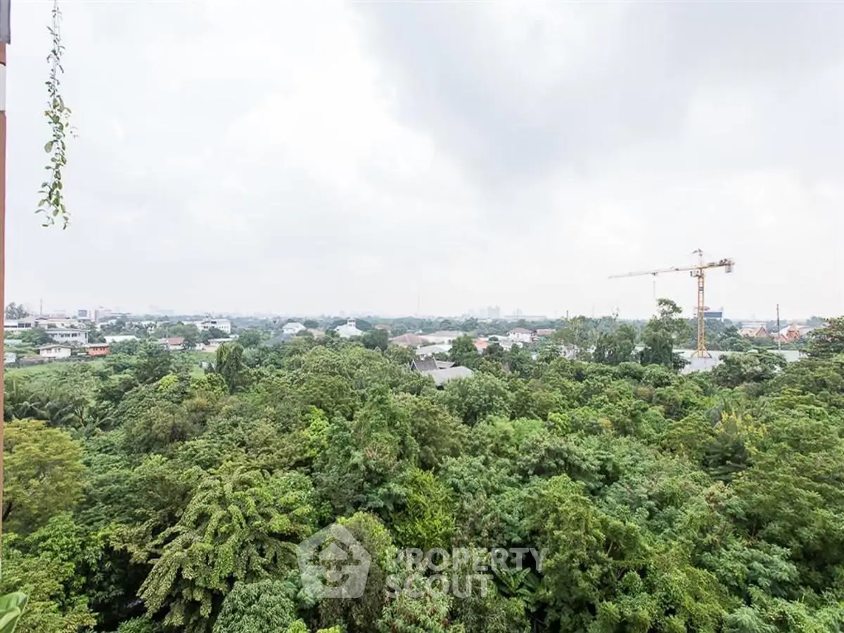 Stunning panoramic view of lush greenery and city skyline from a high vantage point.