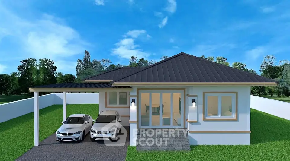 Charming single-story home with modern design and spacious driveway in a lush green setting.