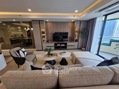 Luxurious modern living room with elegant decor and city view balcony