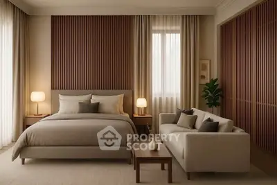 Luxurious bedroom with elegant decor and cozy seating area, perfect for relaxation and comfort.