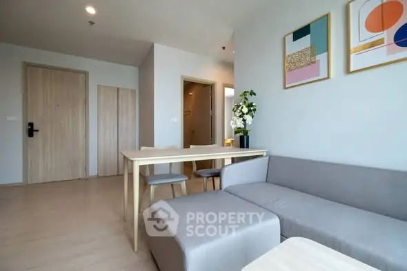 Modern living room with stylish decor and cozy seating area