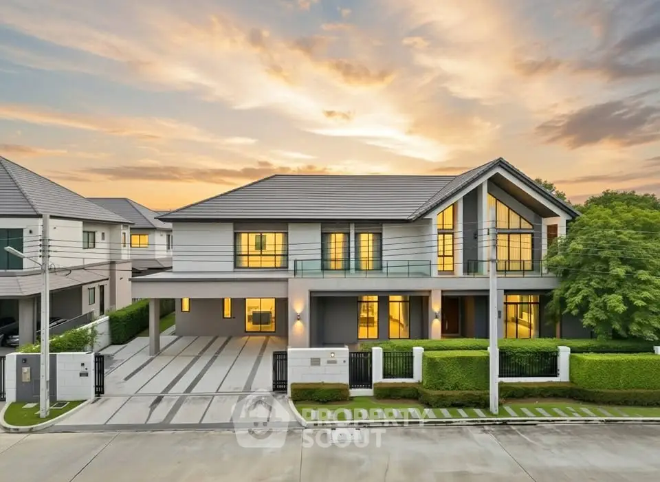 Stunning modern two-story house with large windows and lush landscaping at sunset.