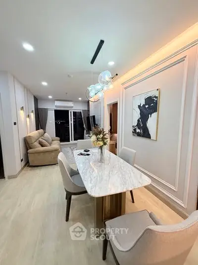 Luxurious modern living room with elegant dining area and stylish decor