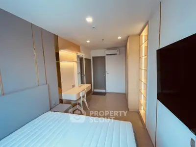 Modern bedroom with sleek design, featuring built-in storage and ambient lighting.