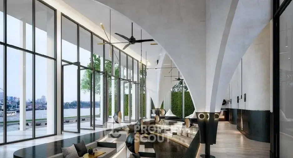 Luxurious modern living room with stunning river view and elegant design.