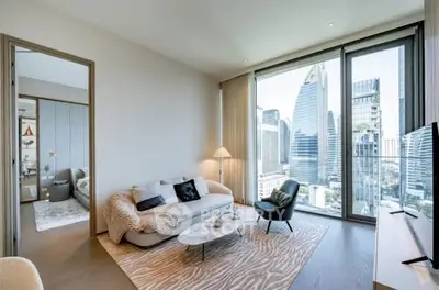 Modern living room with stunning city view and stylish decor