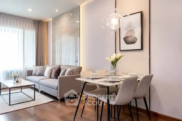 Modern living room with elegant dining area and stylish decor