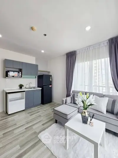 Modern living room with kitchenette and stylish decor in a bright apartment