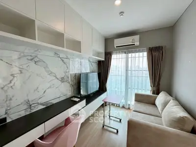 Modern living room with marble accent wall and large window view