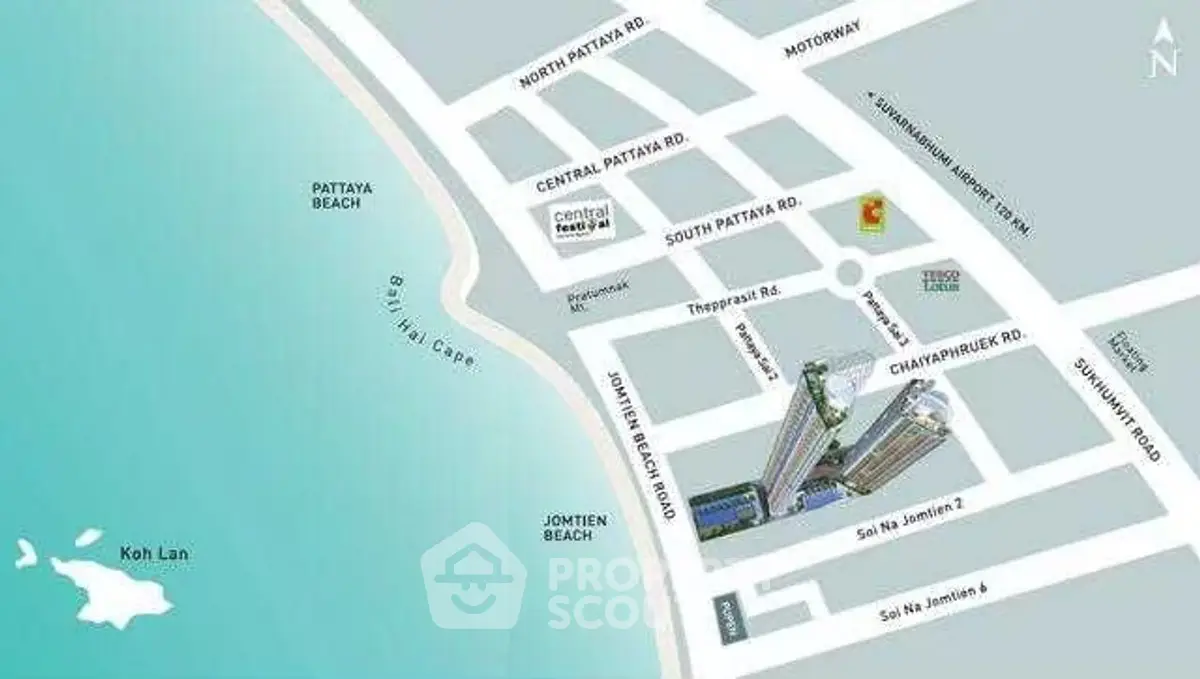 Prime Pattaya real estate map showcasing beachside properties and key locations.