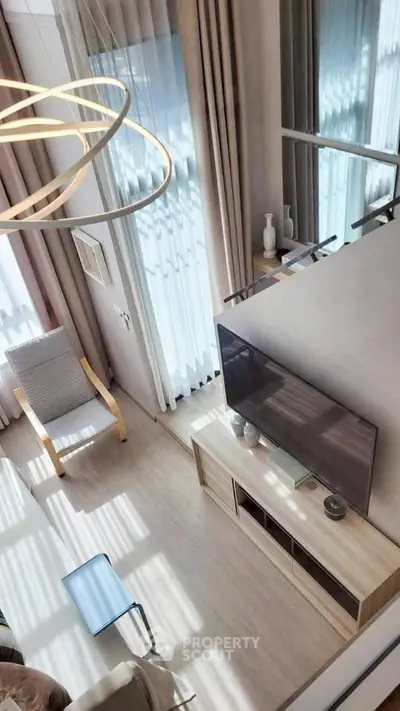 Modern living room with high ceilings and stylish decor