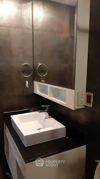 Modern bathroom with sleek sink and dark tile design