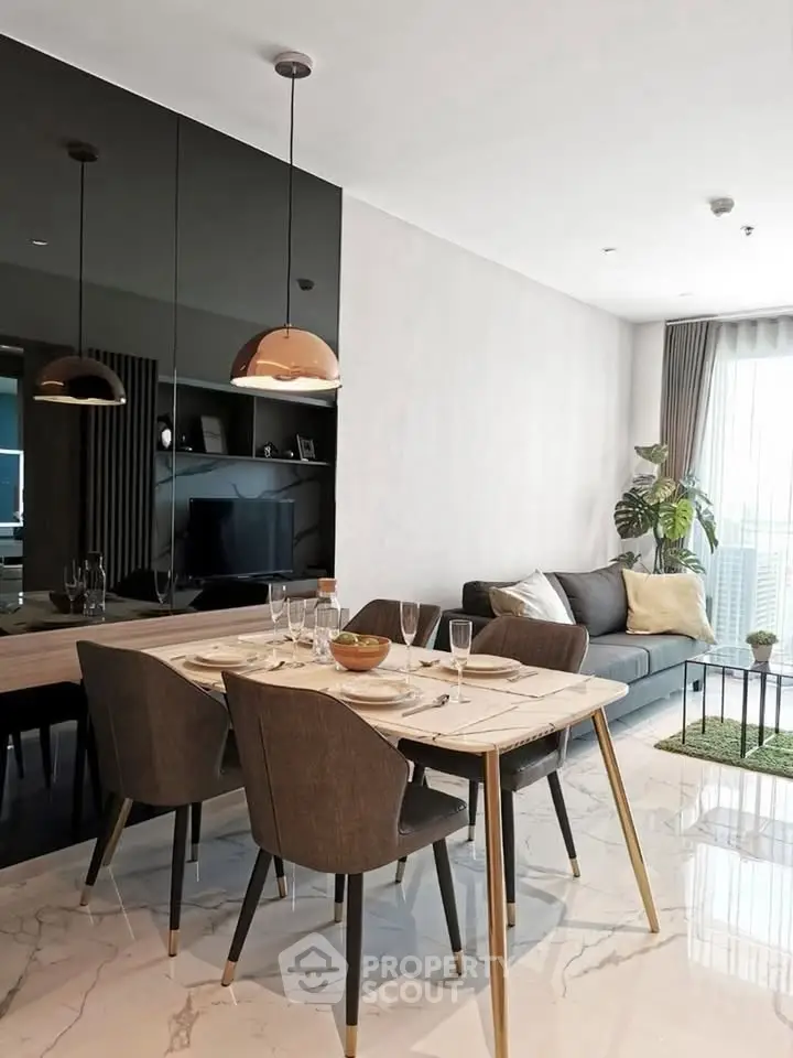Modern living room with elegant dining area and stylish decor