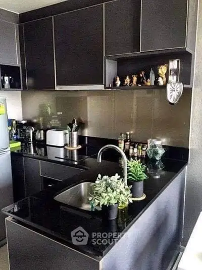 Modern kitchen with sleek black cabinetry and stainless steel appliances