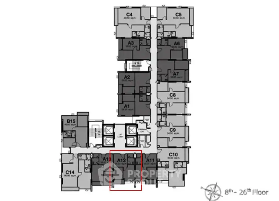 Floor plan layout for 8th to 26th floor showcasing apartment units and common areas.