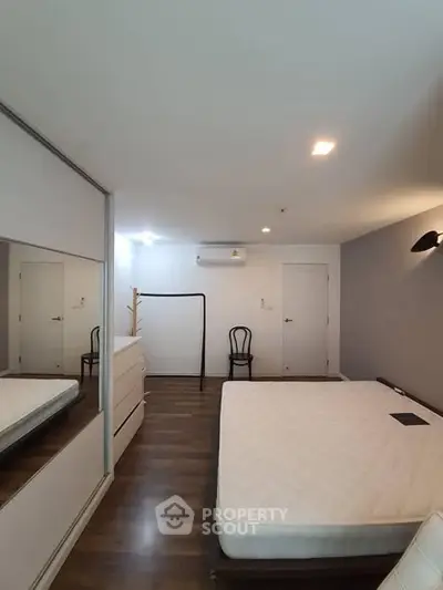 Spacious bedroom with modern decor and ample natural light