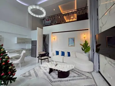 Luxurious modern living room with high ceiling and elegant decor