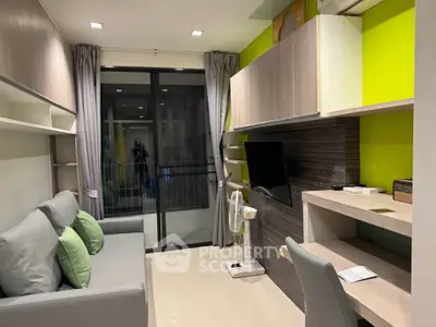 Modern living room with sleek design, featuring a cozy sofa, wall-mounted TV, and stylish shelving.