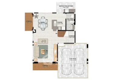 Modern floor plan with spacious living area, dining, pantry, and carport, featuring two terraces for outdoor enjoyment.