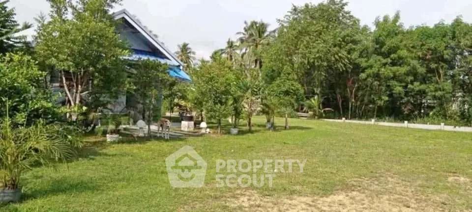 Spacious garden area with lush greenery and a charming house in the background.