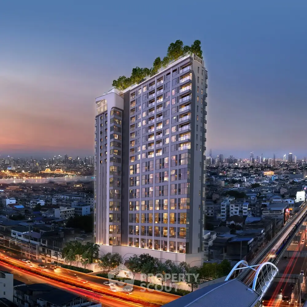 Stunning high-rise building with cityscape view at dusk, featuring modern architecture and rooftop greenery.