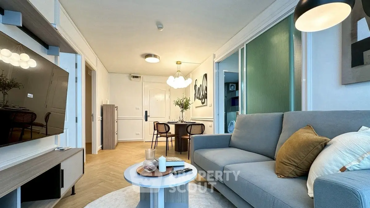 Modern living room with stylish decor and cozy seating area