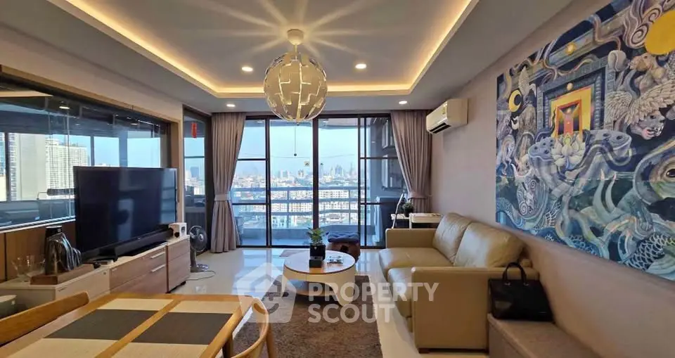 Luxurious living room with stunning city view, modern decor, and elegant lighting in high-rise apartment.
