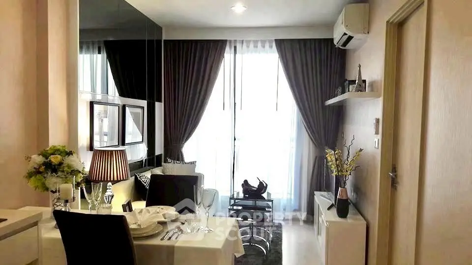 Modern living room with elegant dining setup and stylish decor