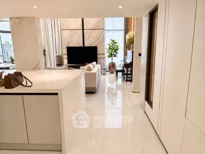 Luxurious open-plan living room with modern kitchen and elegant decor