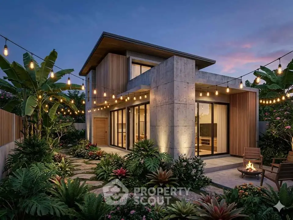 Modern architectural masterpiece with lush garden and ambient lighting, perfect for serene living.