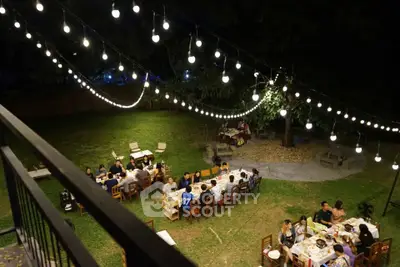 Charming garden with string lights perfect for outdoor gatherings and events.