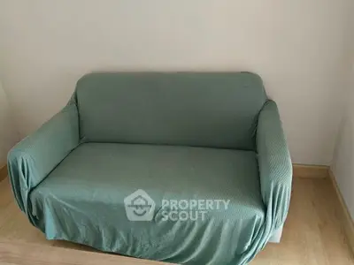 Cozy small sofa in minimalist living room with wooden flooring