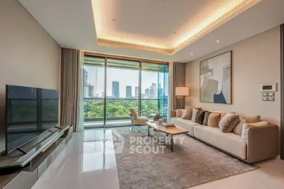 Luxurious living room with stunning city view and modern decor