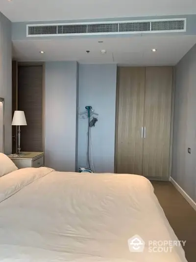 Modern bedroom with sleek design and built-in wardrobe