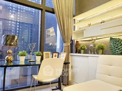 Modern living room with elegant decor, large windows, and stylish furniture in a high-rise apartment.
