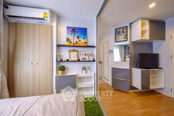 Modern bedroom with stylish decor and built-in storage solutions