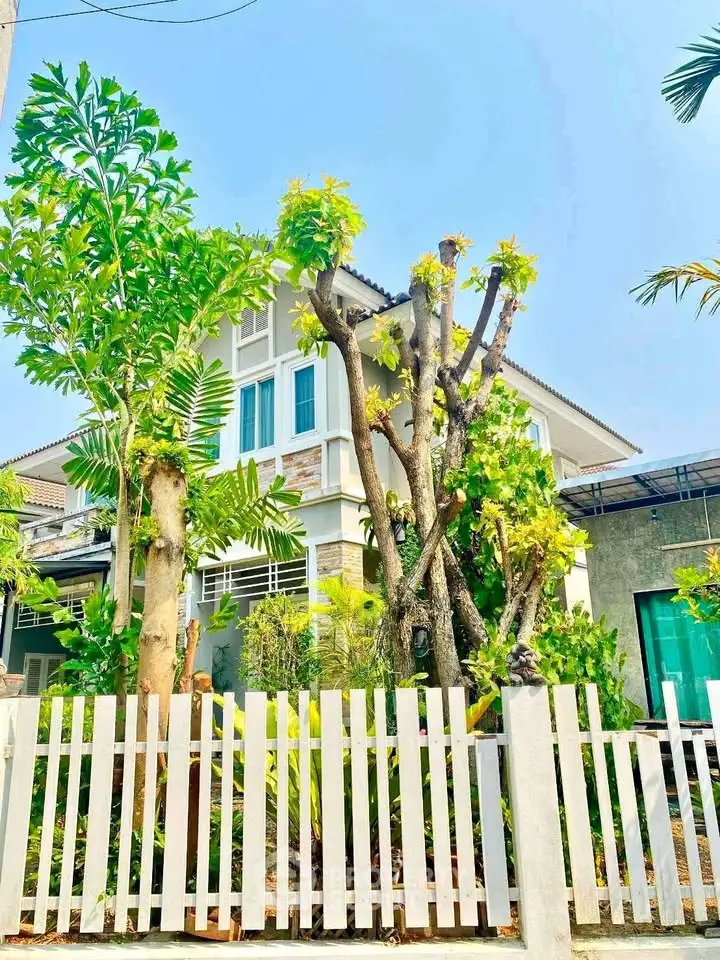 Charming suburban house with lush garden and white picket fence, perfect family home.