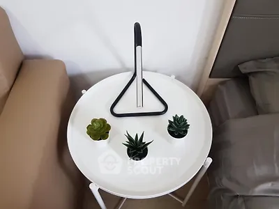 Modern bedside table with stylish lamp and succulents in a cozy bedroom setting.