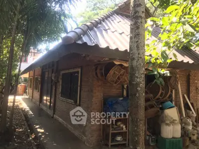 Charming rustic brick house with lush greenery and shaded pathway