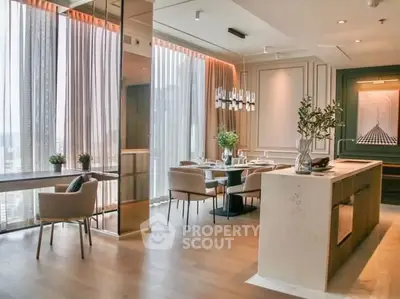 Luxurious modern dining area with elegant decor and floor-to-ceiling windows