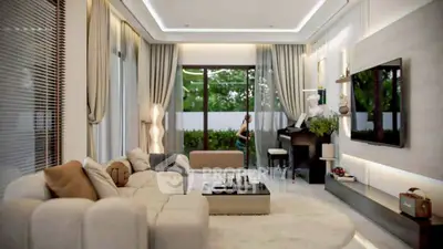 Luxurious modern living room with elegant decor and large windows offering garden views.