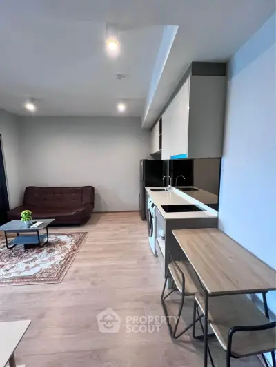 Modern open-layout living room with sleek kitchen and cozy seating area.