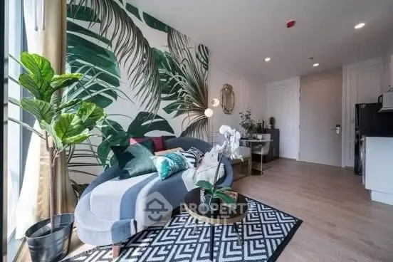 Stylish living room with tropical wallpaper and modern decor