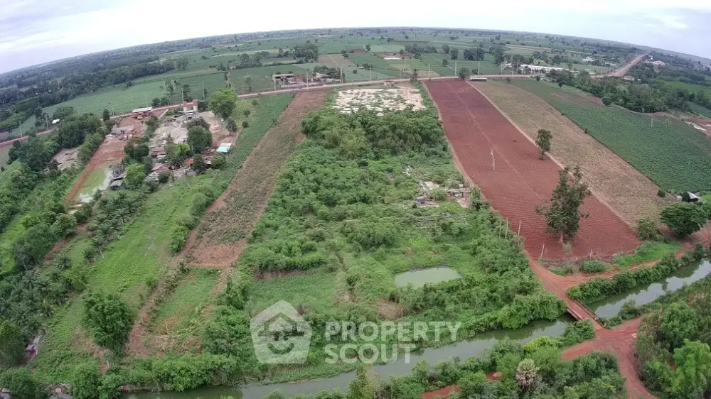 Expansive aerial view of lush farmland with diverse crops and scenic landscape