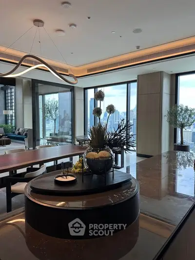 Luxurious modern living room with panoramic city views and elegant decor