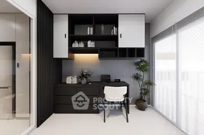 Modern study room with sleek black desk and built-in shelving, natural light from large windows.