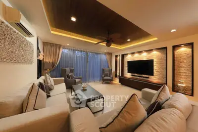 Luxurious living room with modern decor and ambient lighting