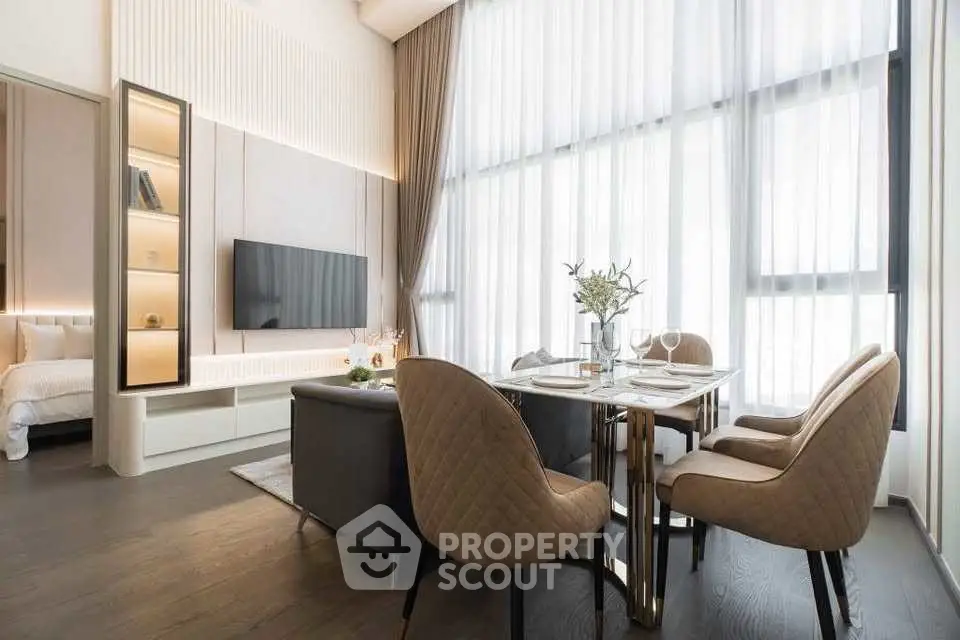 Luxurious modern living room with elegant dining area and large windows